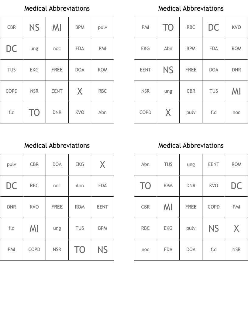 Medical Abbreviations Bingo Cards