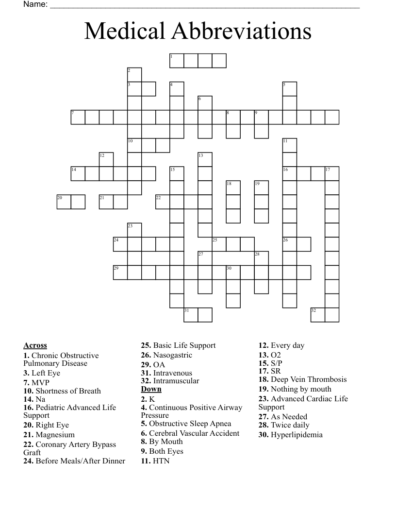 Medical Abbreviations Crossword