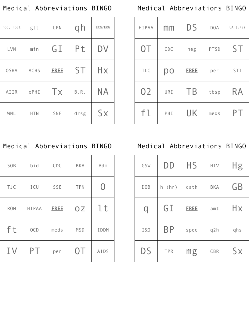 Medical Abbreviations BINGO