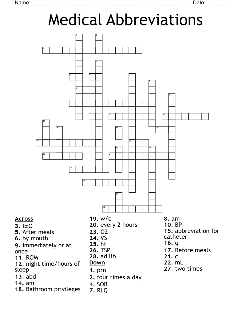 Medical Abbreviations  Crossword