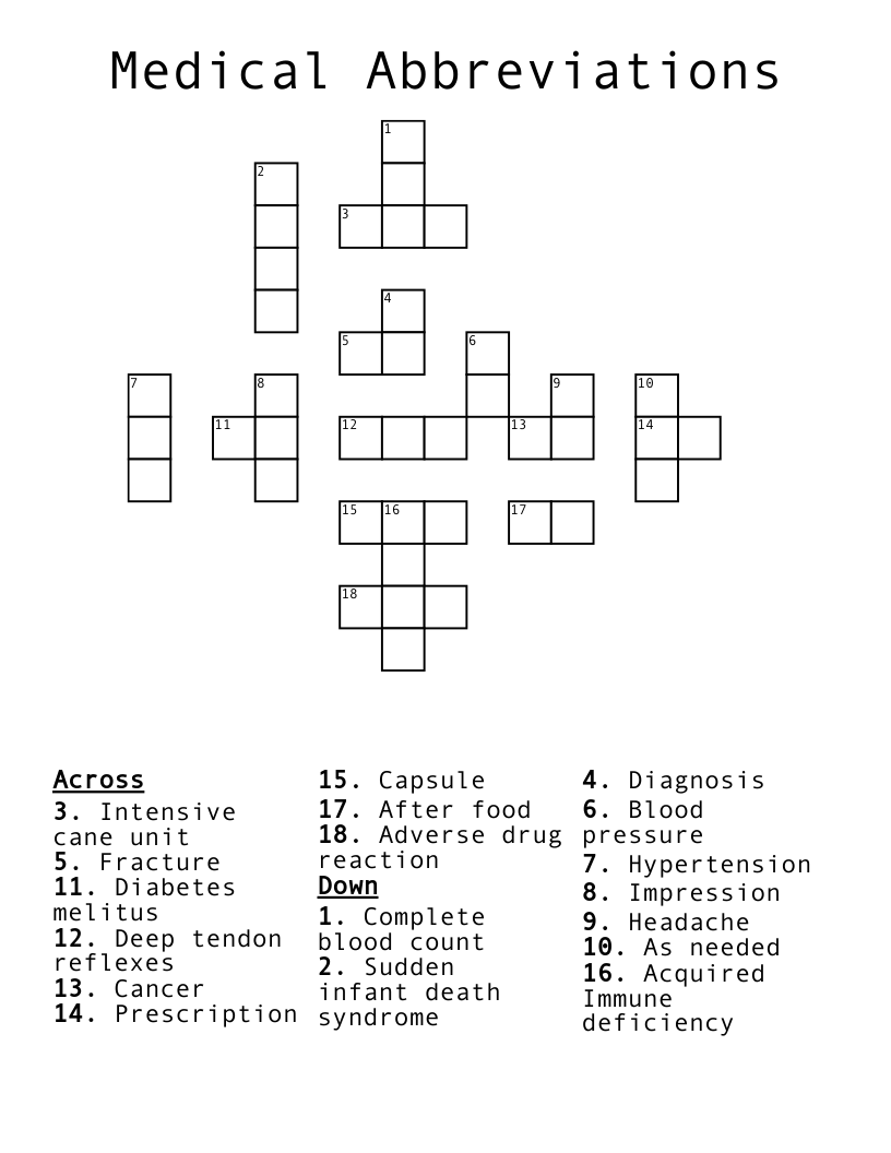 Medical Abbreviations  Crossword