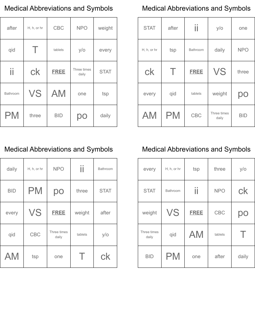 Medical Abbreviations and Symbols Bingo Cards