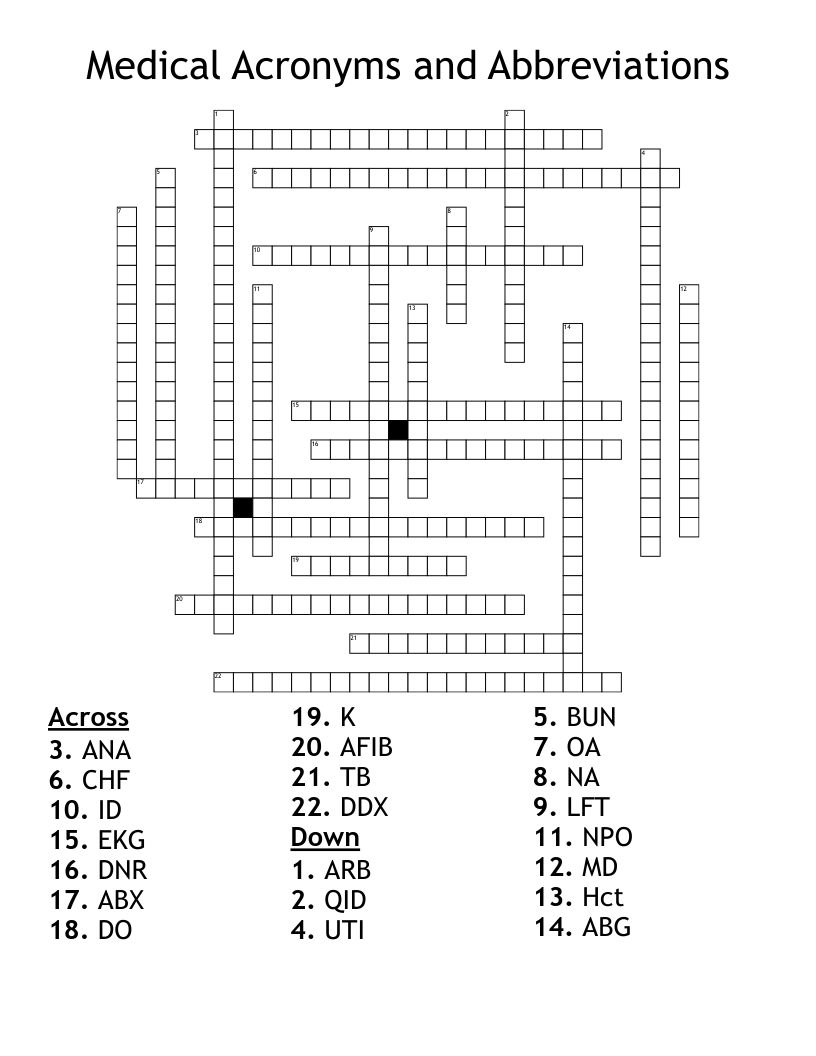 Medical Acronyms and Abbreviations Crossword