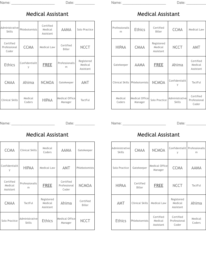 Medical Assistant Bingo Cards