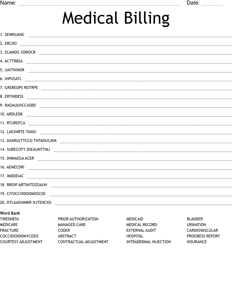 Medical Billing Word Scramble