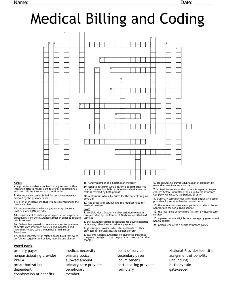 Medical Billing and Coding Crossword