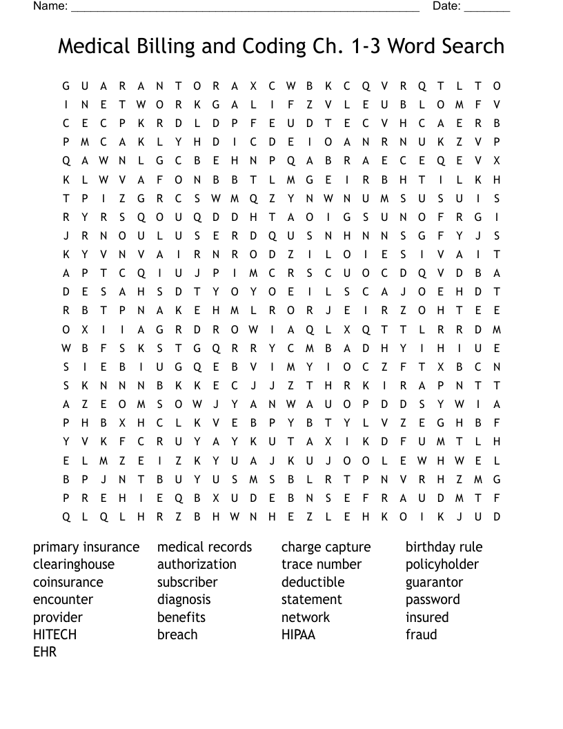 Medical Billing and Coding Ch. 1-3 Word Search