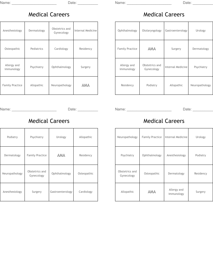 Medical Careers Bingo Cards