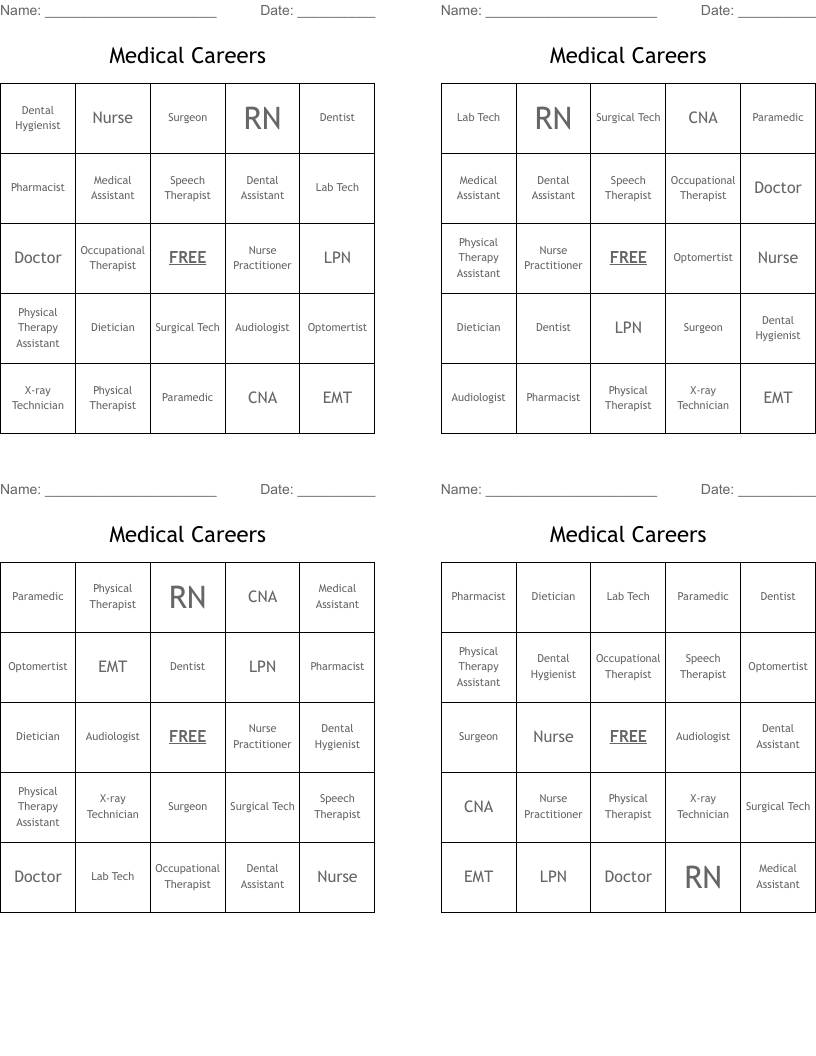 Medical Careers Bingo Cards