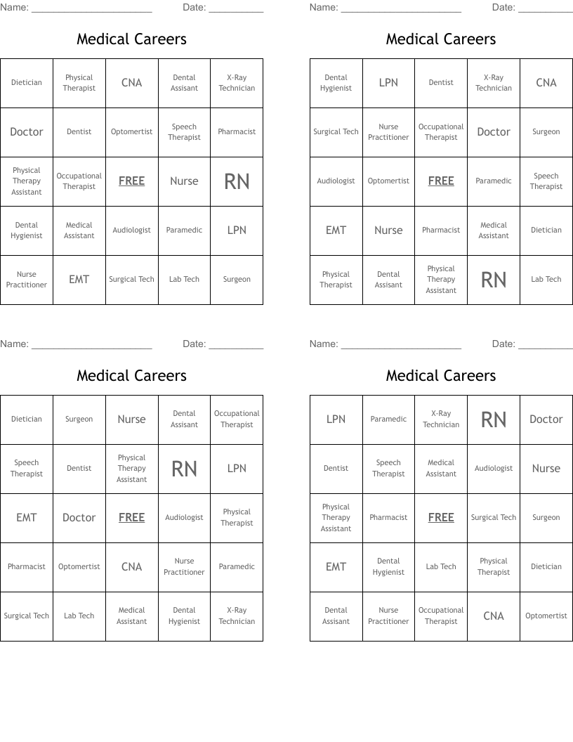 Medical Careers Bingo Cards