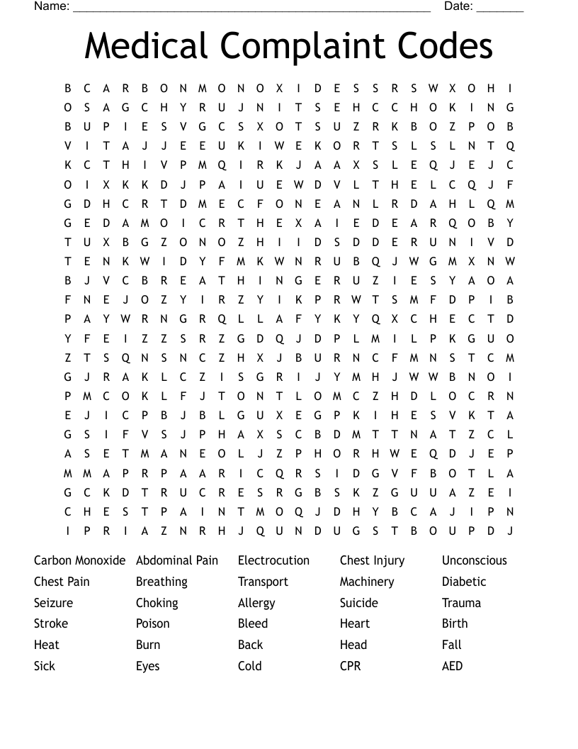 Medical Complaint Codes Word Search