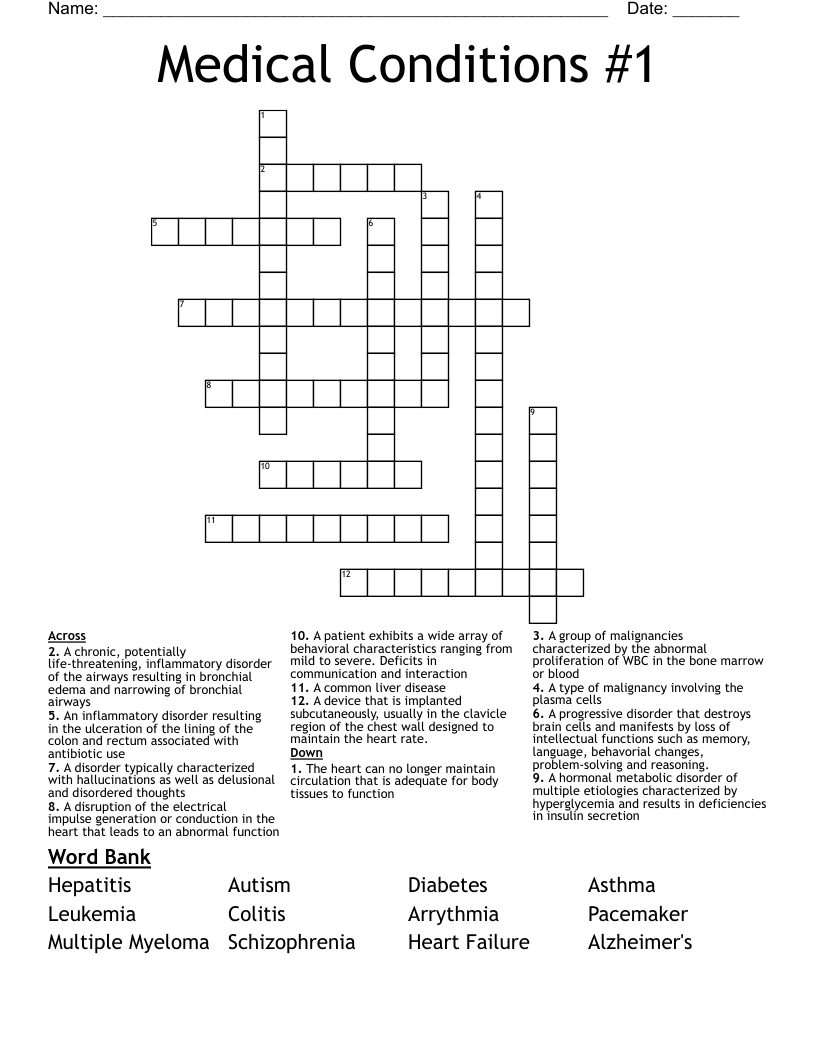 Medical Conditions #1 Crossword