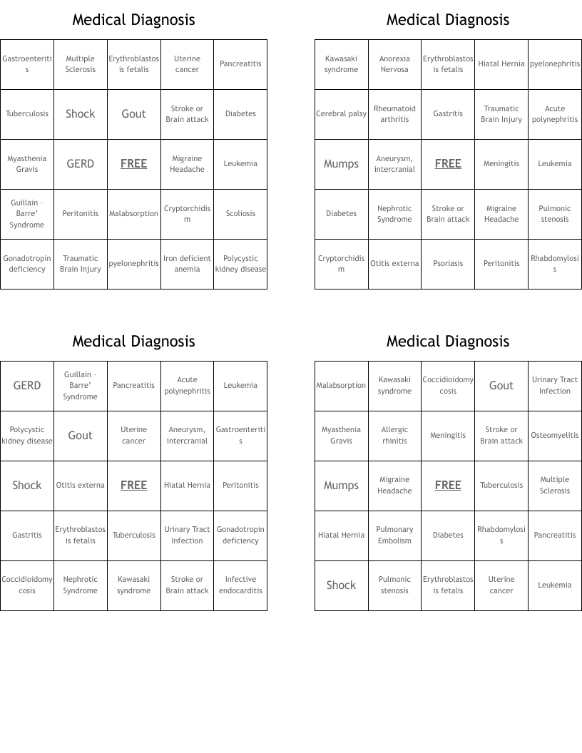 Medical Diagnosis Bingo Cards