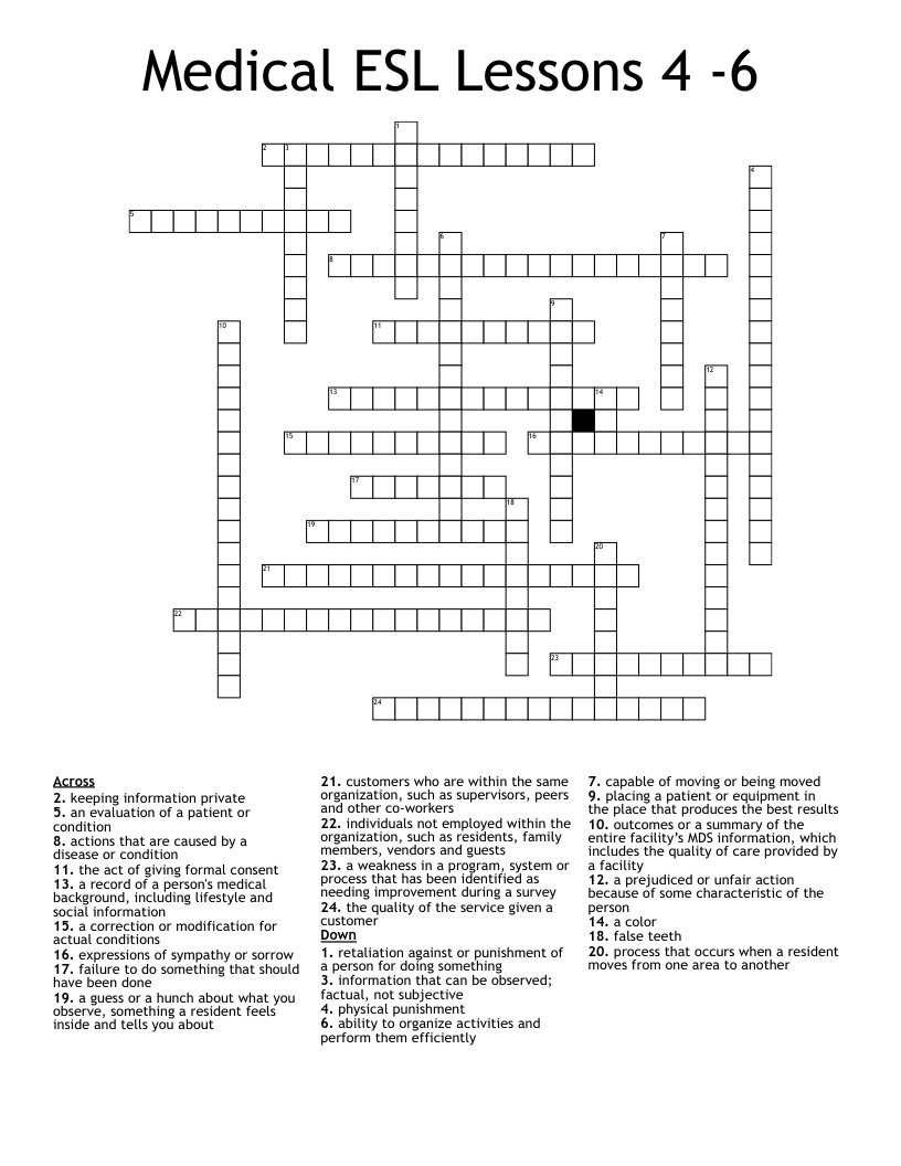 Medical ESL Lessons 4 -6 Crossword