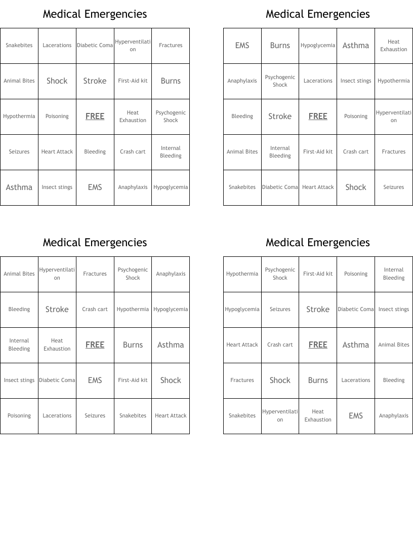 Medical Emergencies Bingo Cards