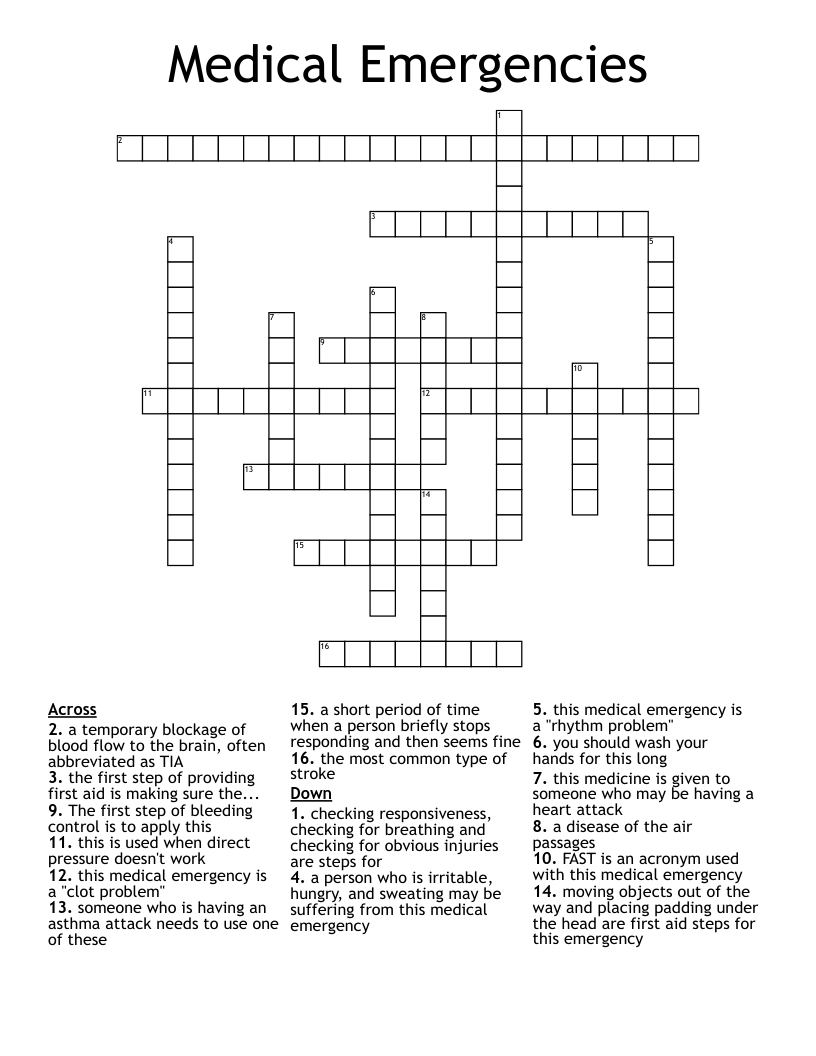 Medical Emergencies Crossword