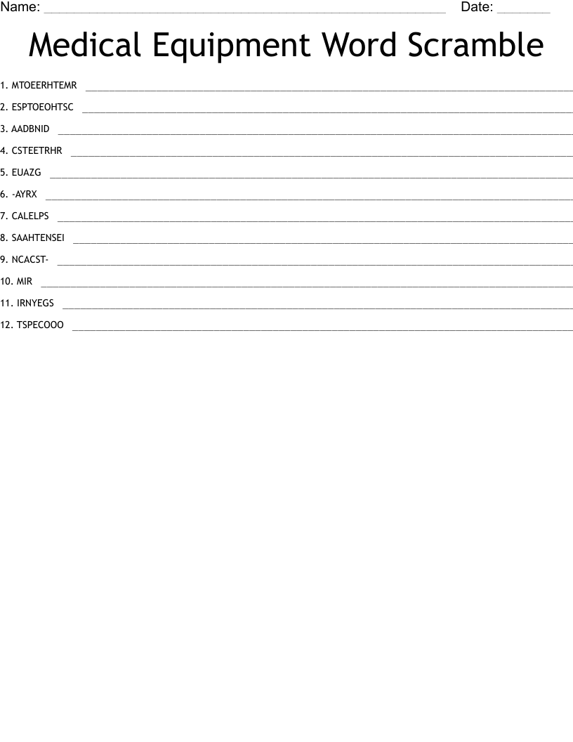 Medical Equipment Word Scramble
