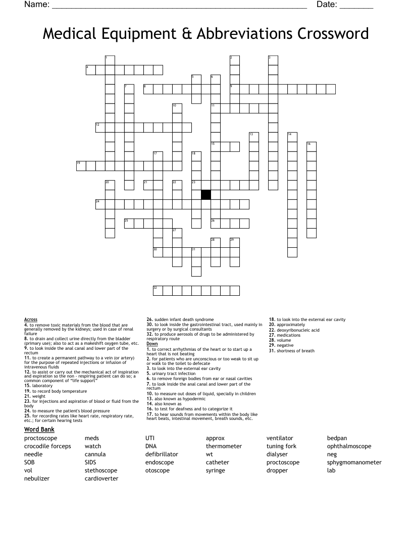 Medical Equipment & Abbreviations Crossword