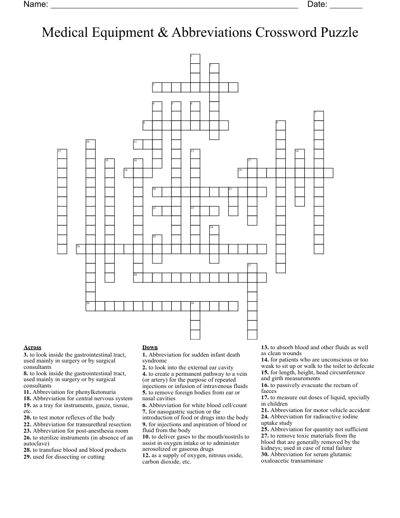 Medical Equipment & Abbreviations Crossword Puzzle