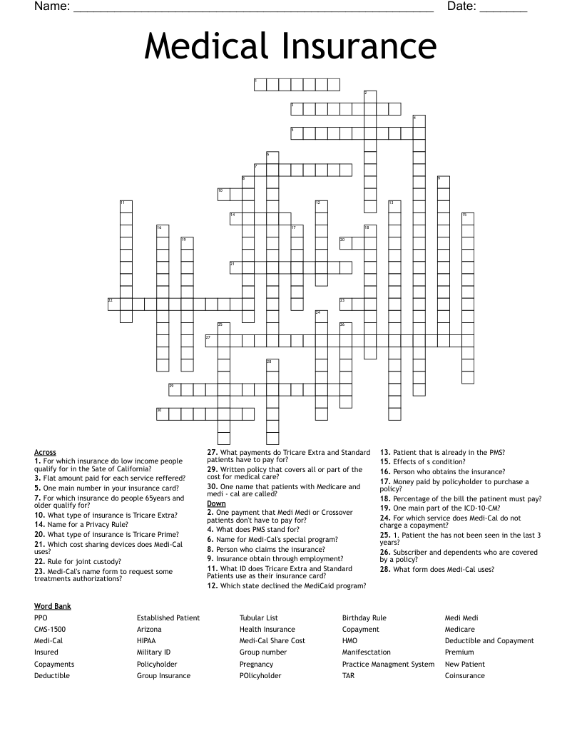 Medical Insurance  Crossword