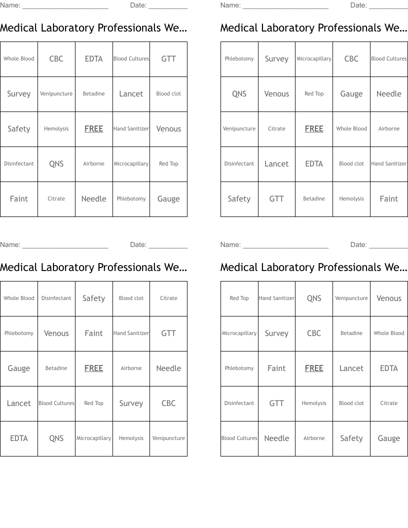 Medical Laboratory Professionals Week Bingo Cards