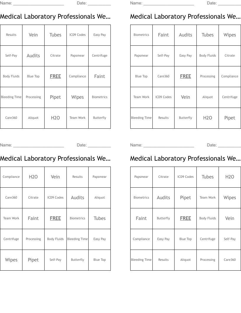 Medical Laboratory Professionals Week Bingo Cards