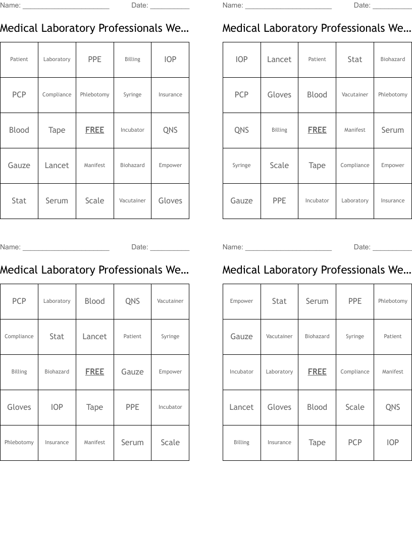 Medical Laboratory Professionals Week Bingo Cards