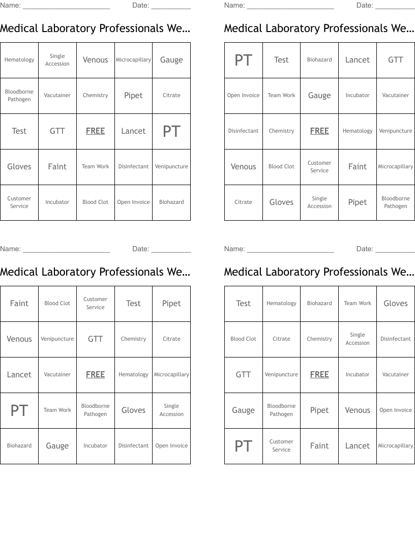 Medical Laboratory Professionals Week Bingo Cards