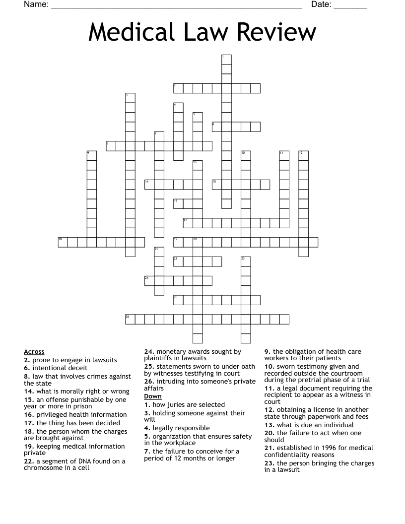 Medical Law Review Crossword