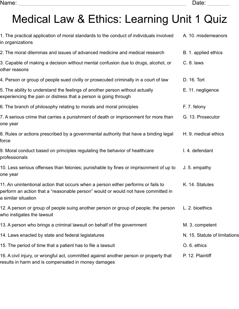 Medical Law & Ethics: Learning Unit 1 Quiz Worksheet