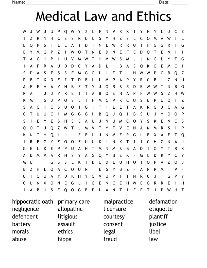 Medical Law and Ethics Word Search