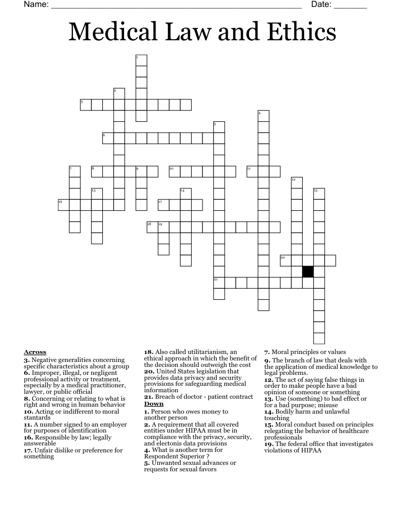 Medical Law and Ethics Crossword