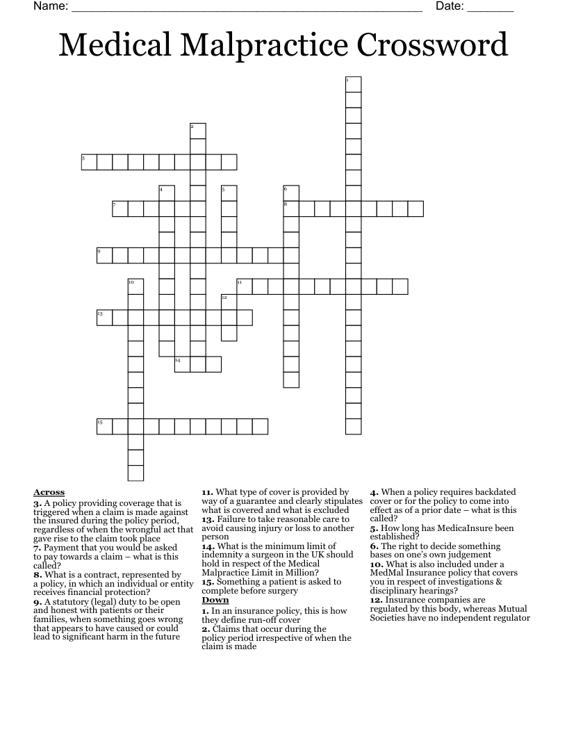 Medical Malpractice Crossword