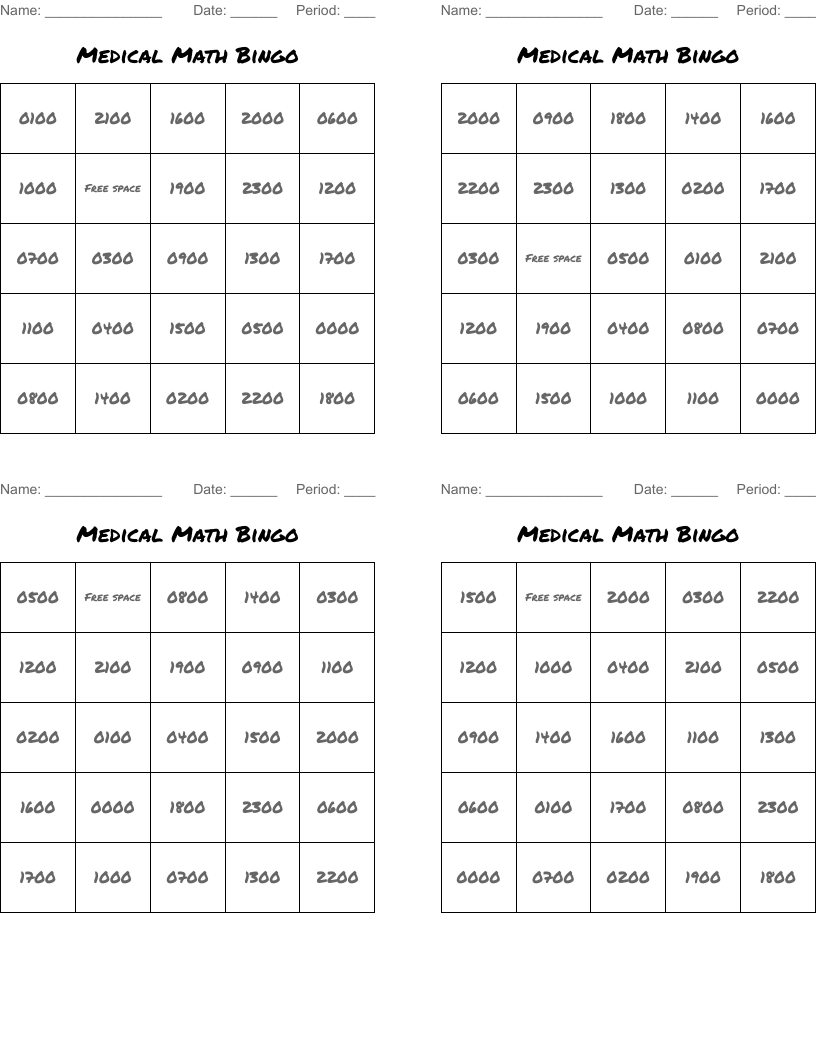 Medical Math Bingo