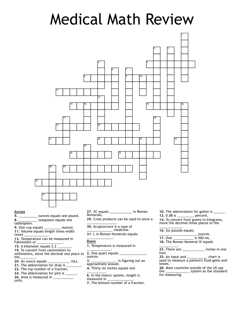 Medical Math Review Crossword
