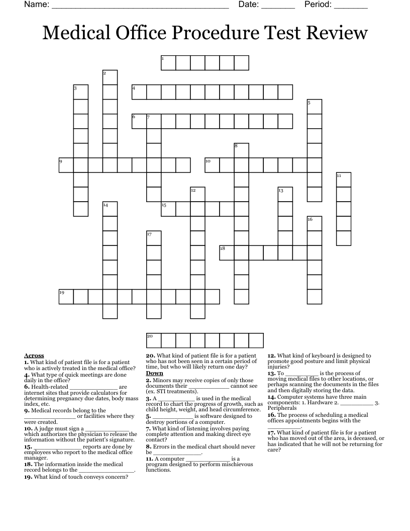 Medical Office Procedure Test Review Crossword