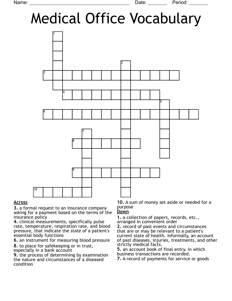 Medical Office Vocabulary Crossword