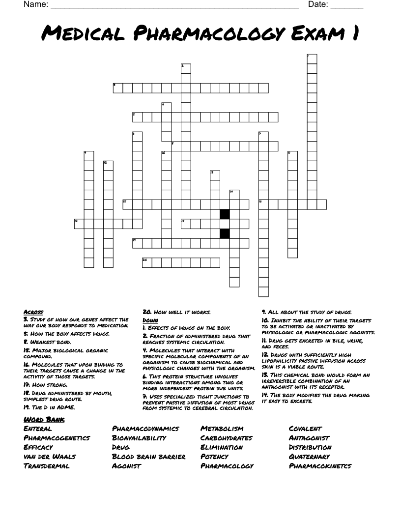 Medical Pharmacology Exam 1 Crossword