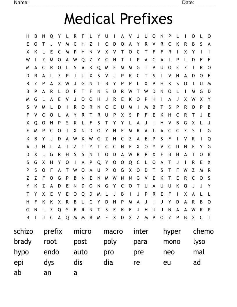 Medical Prefixes Word Search