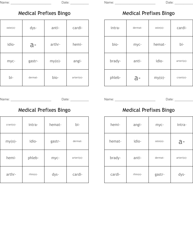 Medical Prefixes Bingo