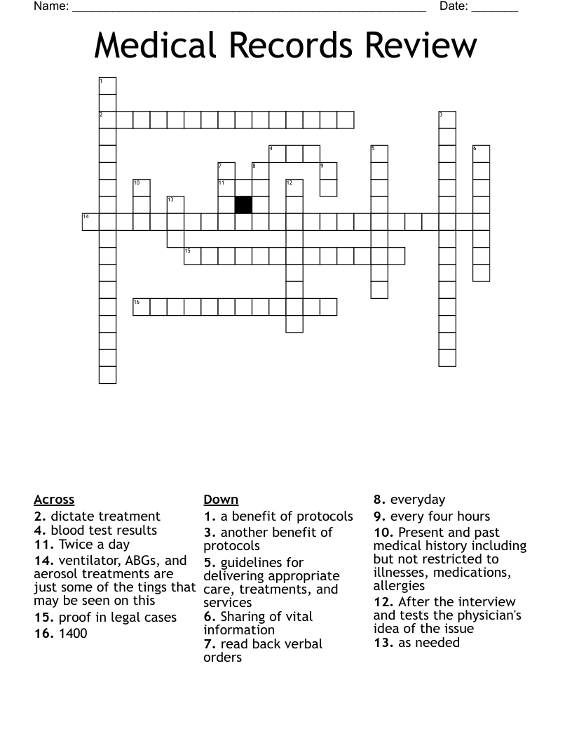 Medical Records Review Crossword