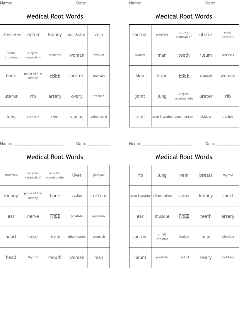 Medical Root Words Bingo Cards