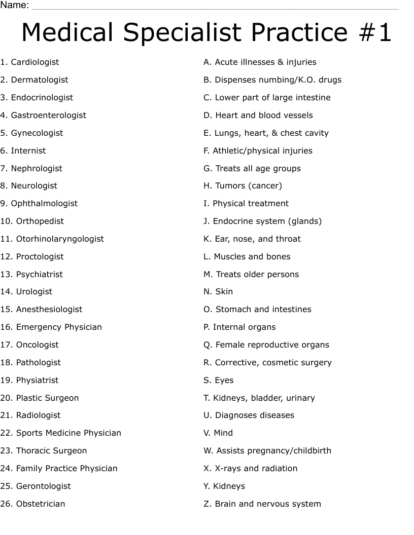 Medical Specialist Practice #1 Worksheet