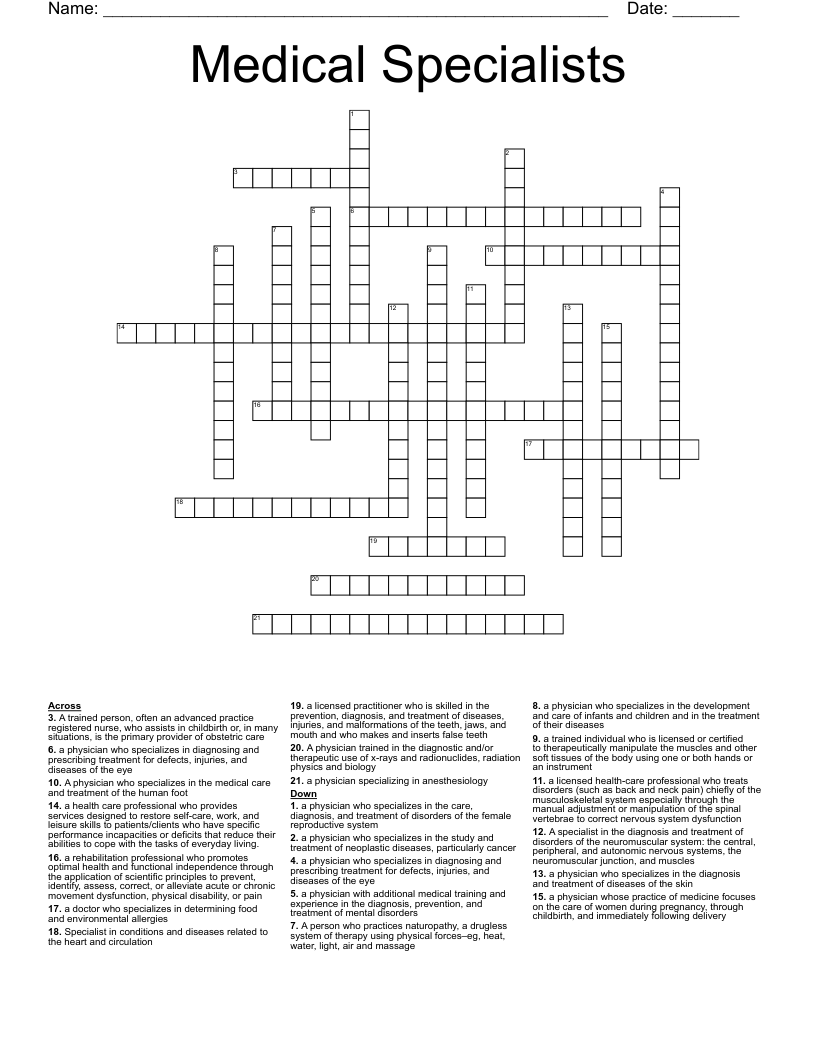 Medical Specialists Crossword