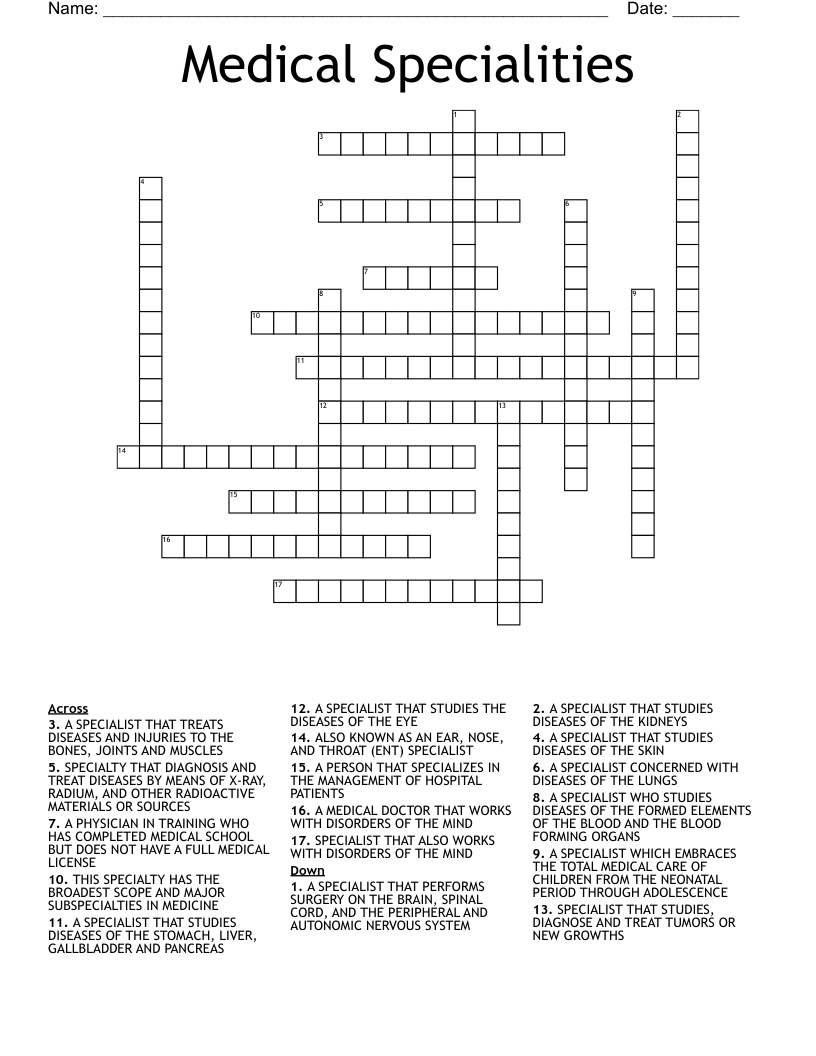 Medical Specialities Crossword