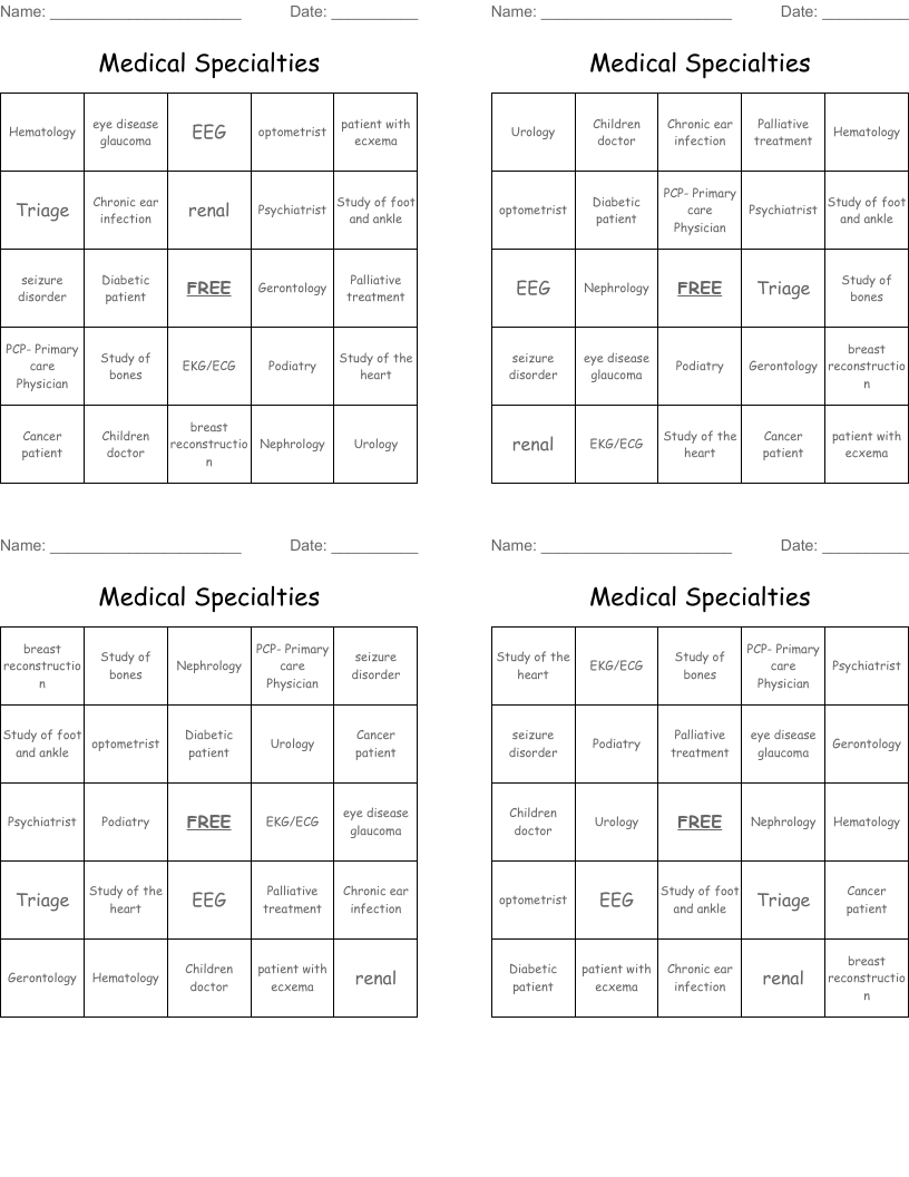 Medical Specialties Bingo Cards