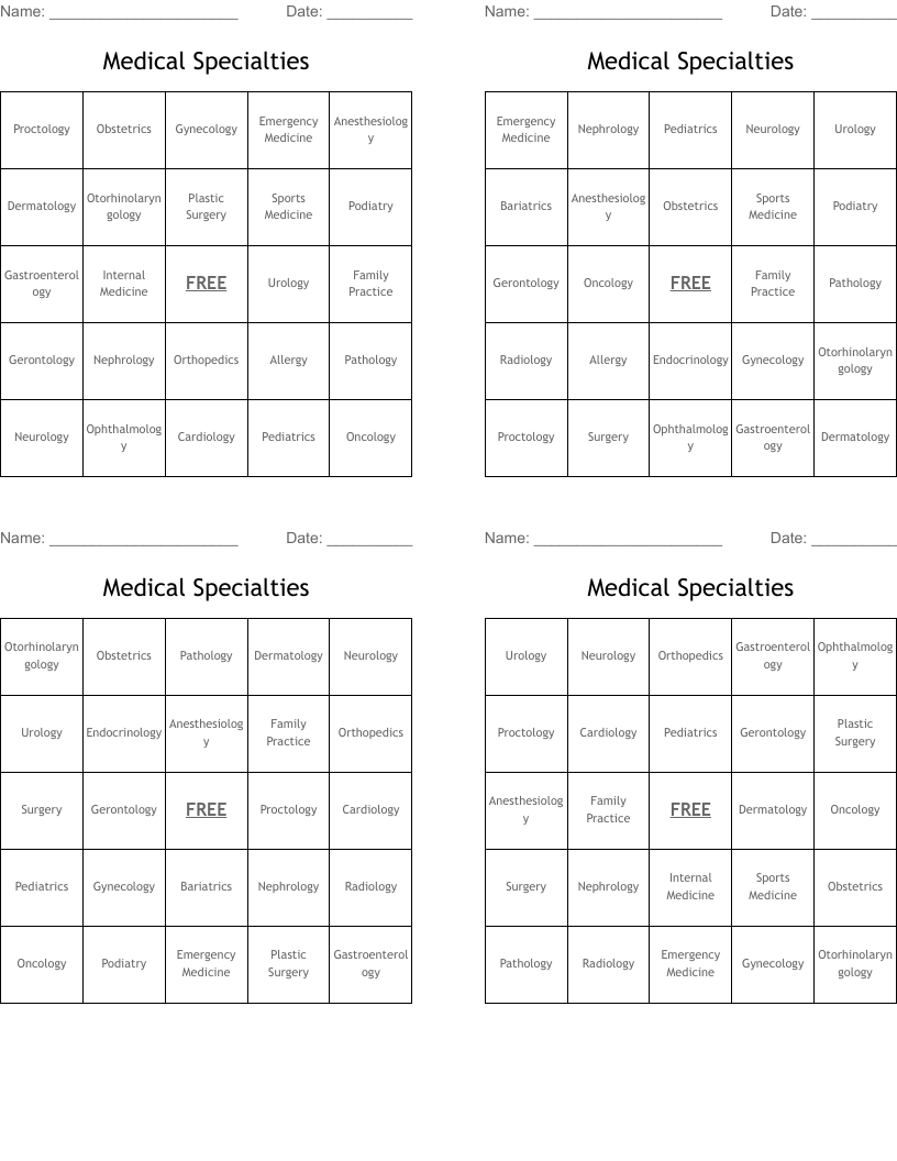 Medical Specialties Bingo Cards