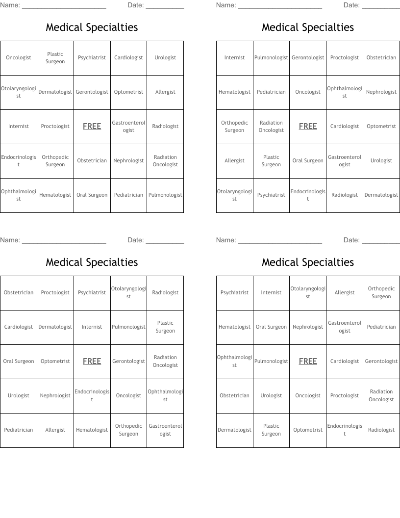 Medical Specialties Bingo Cards