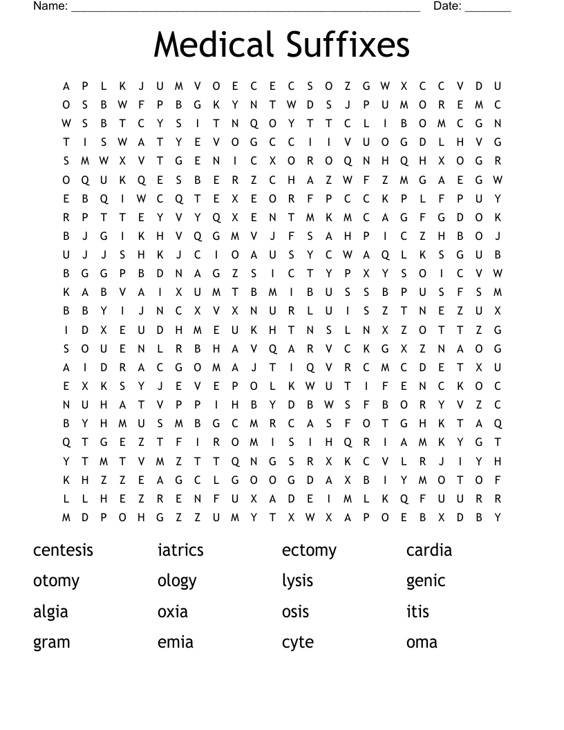 Medical Suffixes Word Search