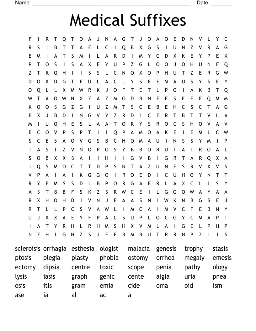 Medical Suffixes Word Search